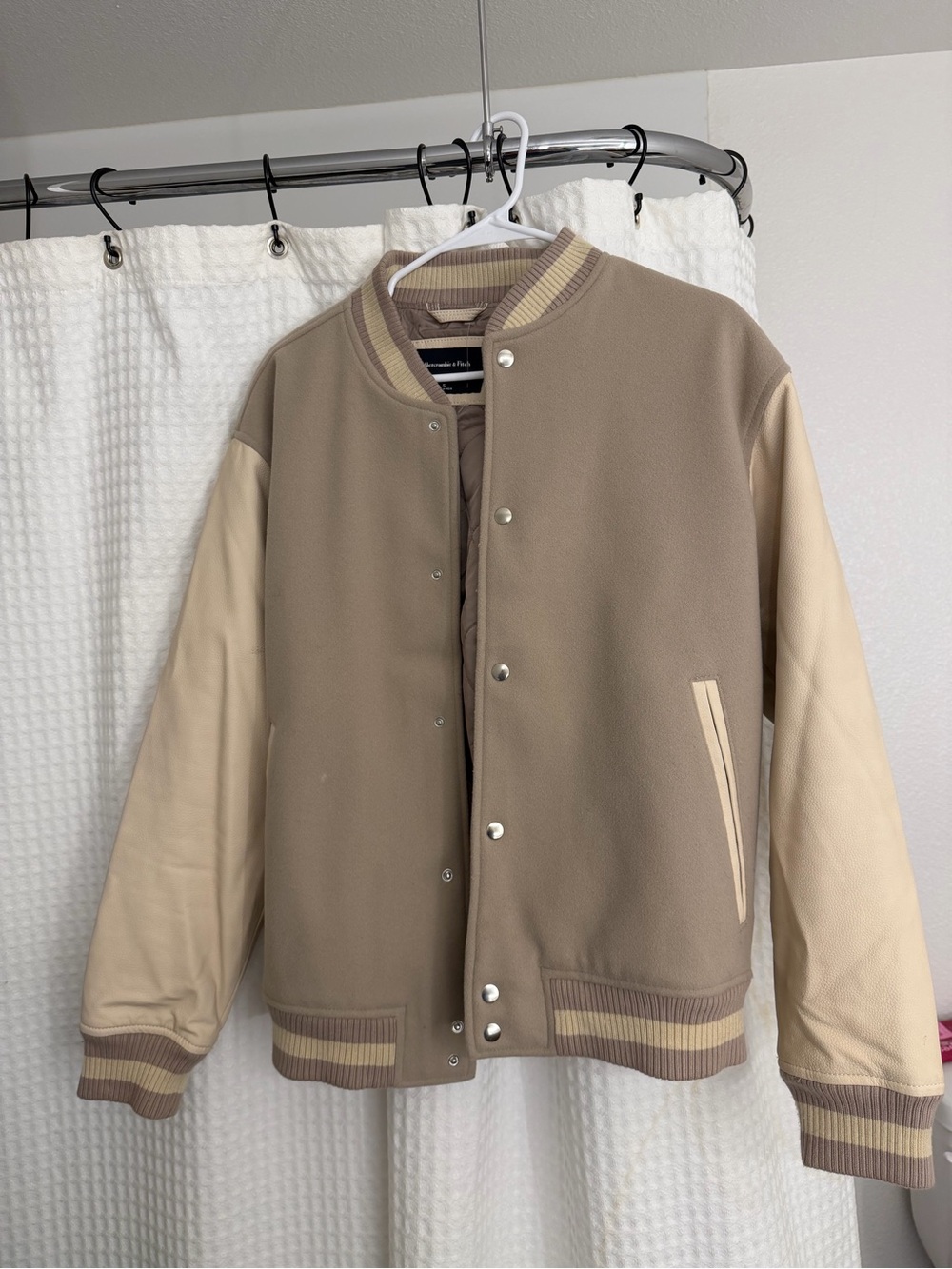 Abercrombie & Fitch Two-Tone Taupe and Cream Varsity Jacket